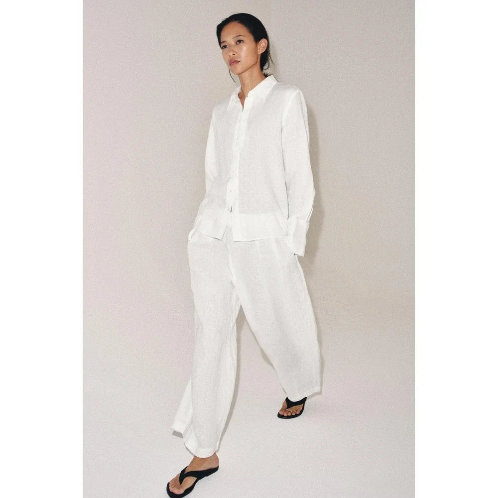 Zara White Linen Wide Leg Drawstring Pants Large Relaxed Beach Trousers Size L